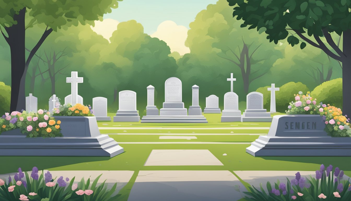 A serene cemetery with neatly arranged burial plots, surrounded by lush greenery and adorned with simple headstones