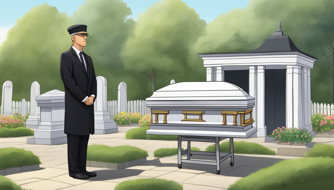 A funeral director stands at a burial plot, overseeing the live burial process