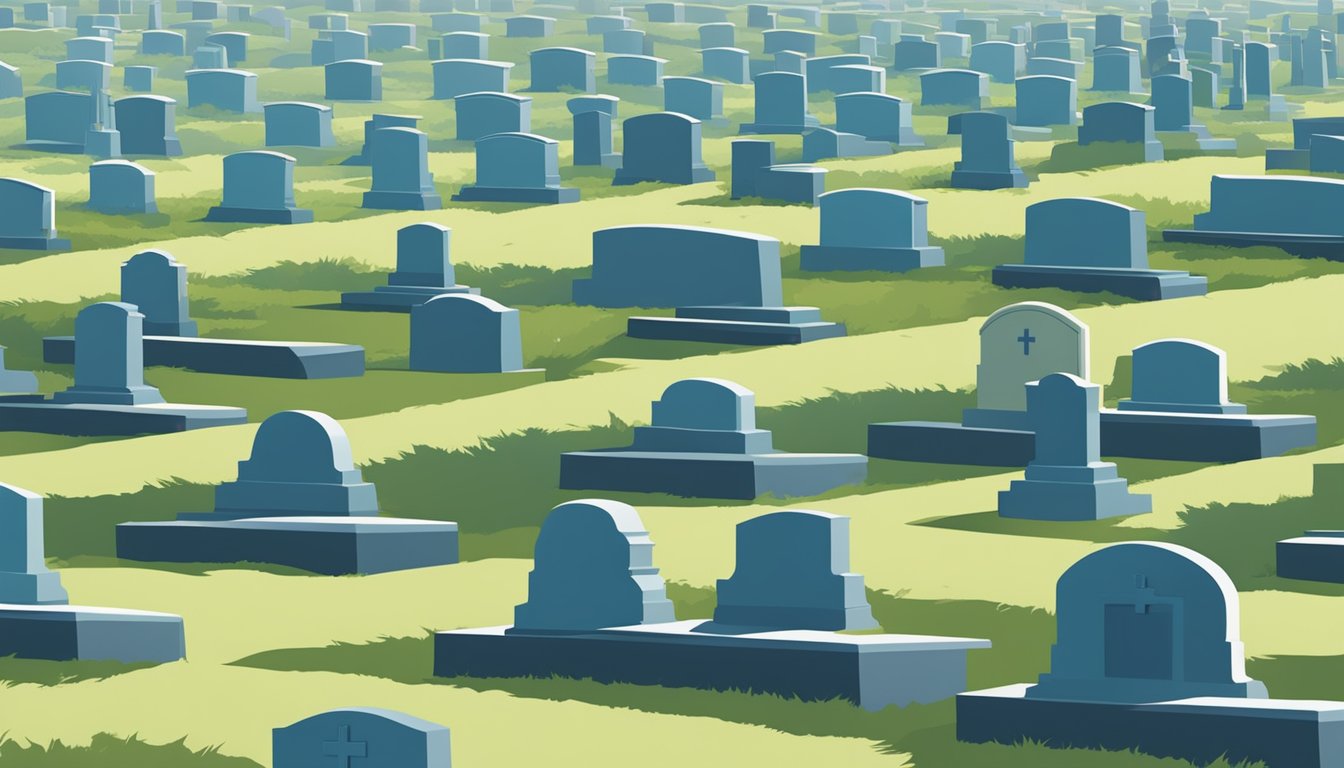 A peaceful cemetery with rows of burial plots under a clear blue sky