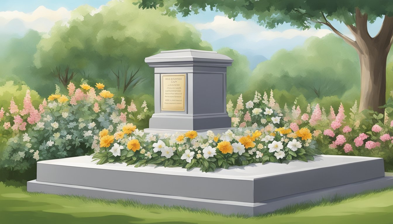 A serene burial plot with a commemorative memorial surrounded by live flowers and foliage