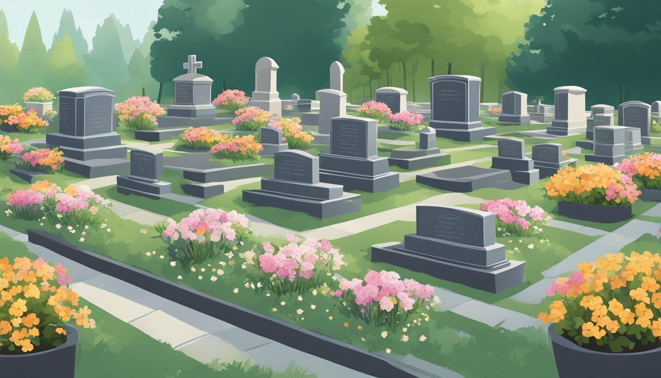 A serene cemetery with rows of burial plots, some adorned with flowers and memorials. A sign near the entrance indicates the financial aspects of purchasing a plot