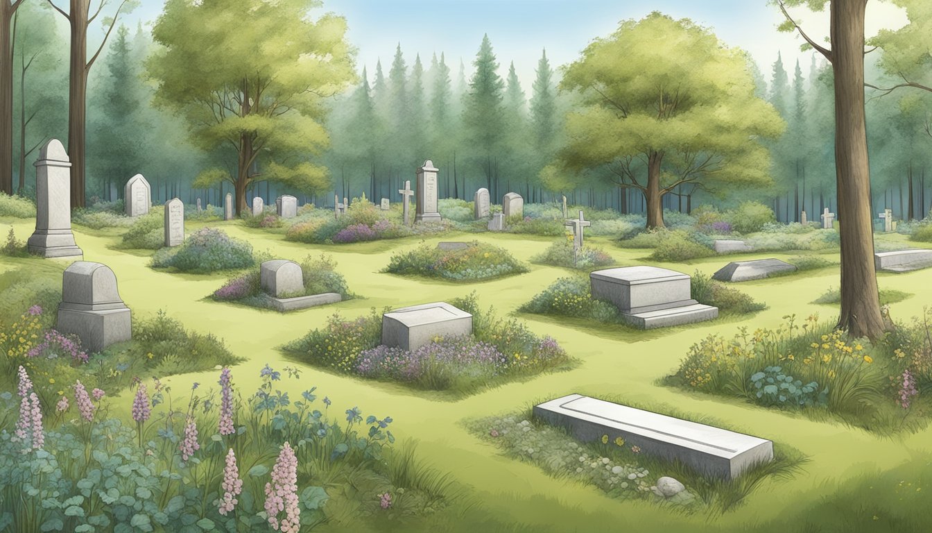 A serene forest clearing with various burial plot designs merging with nature, from traditional headstones to eco-friendly options like tree pods and wildflower meadows