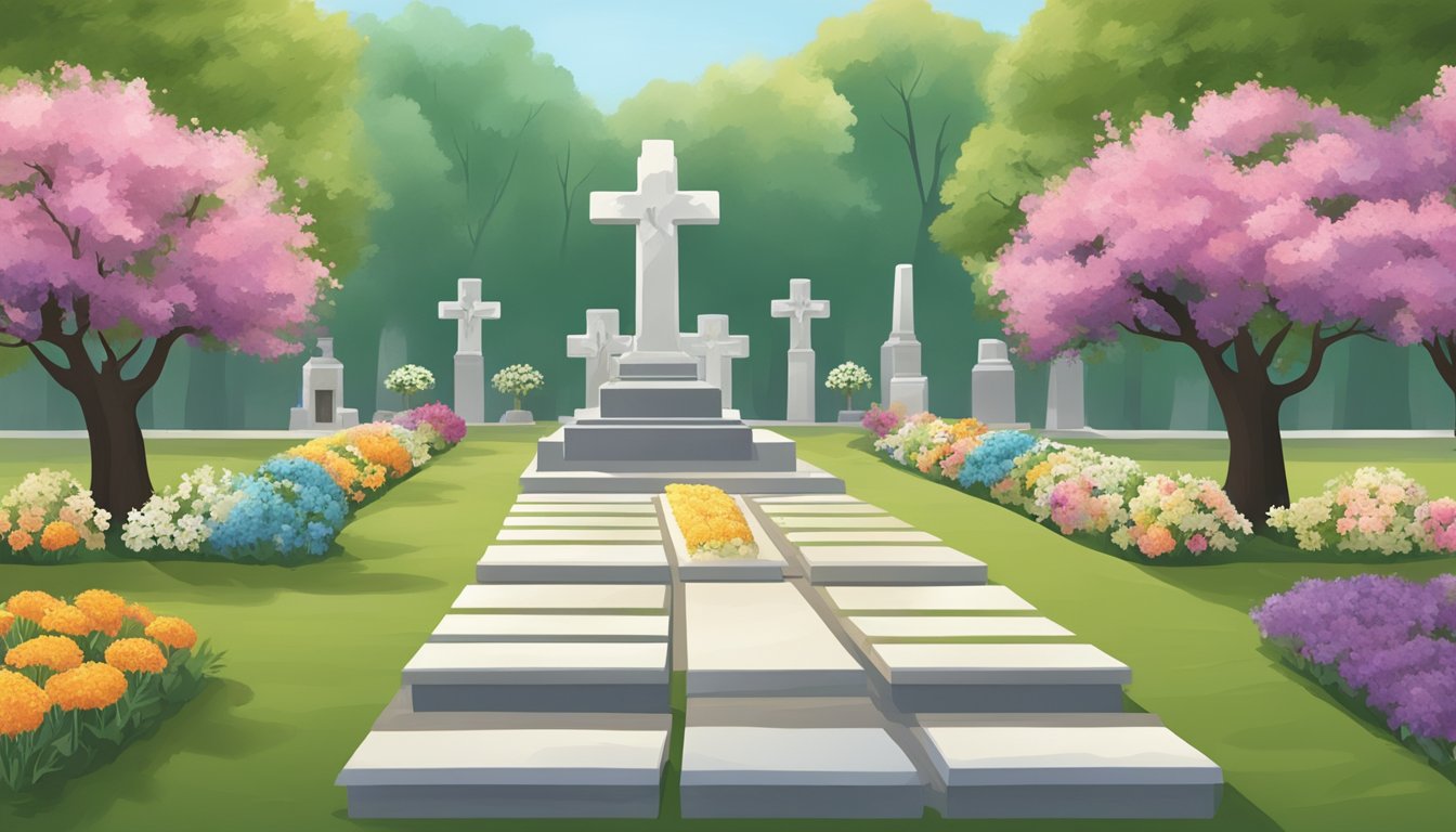 A serene, tree-lined burial plot with colorful flowers and symbolic objects placed on the graves, reflecting diverse cultural traditions and beliefs on death and memory