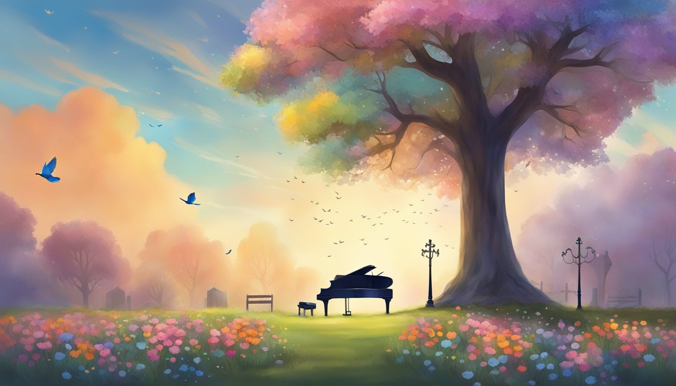 A solitary tree stands in a peaceful cemetery, surrounded by colorful flowers and birds singing. The soft notes of a violin float through the air, bringing a sense of comfort and remembrance to the scene