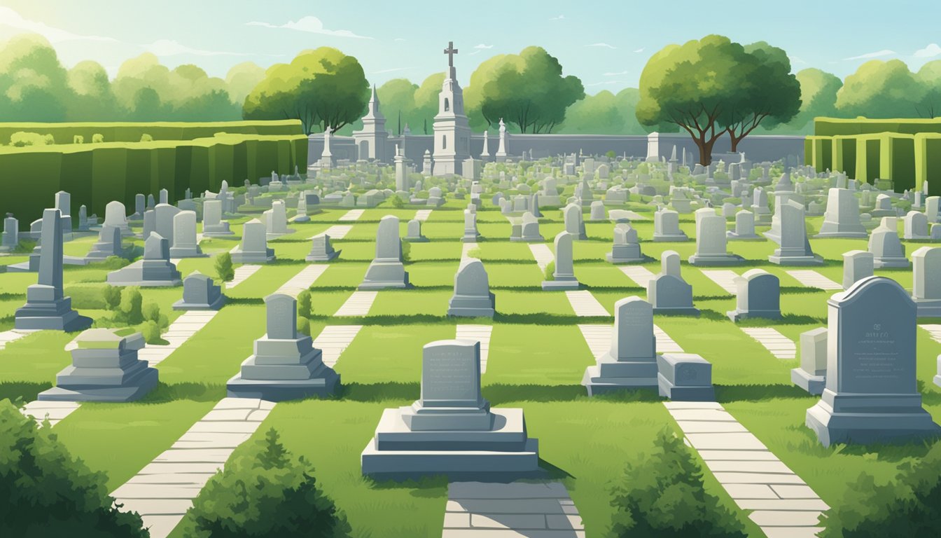 A cemetery with rows of grave markers and monuments, surrounded by greenery and under a clear sky