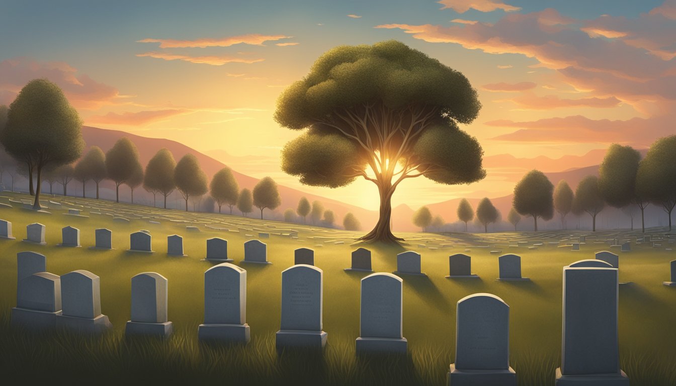 A solitary tree stands tall in a peaceful cemetery, its branches reaching towards the sky. The sun sets behind the rolling hills, casting a warm glow over the rows of headstones