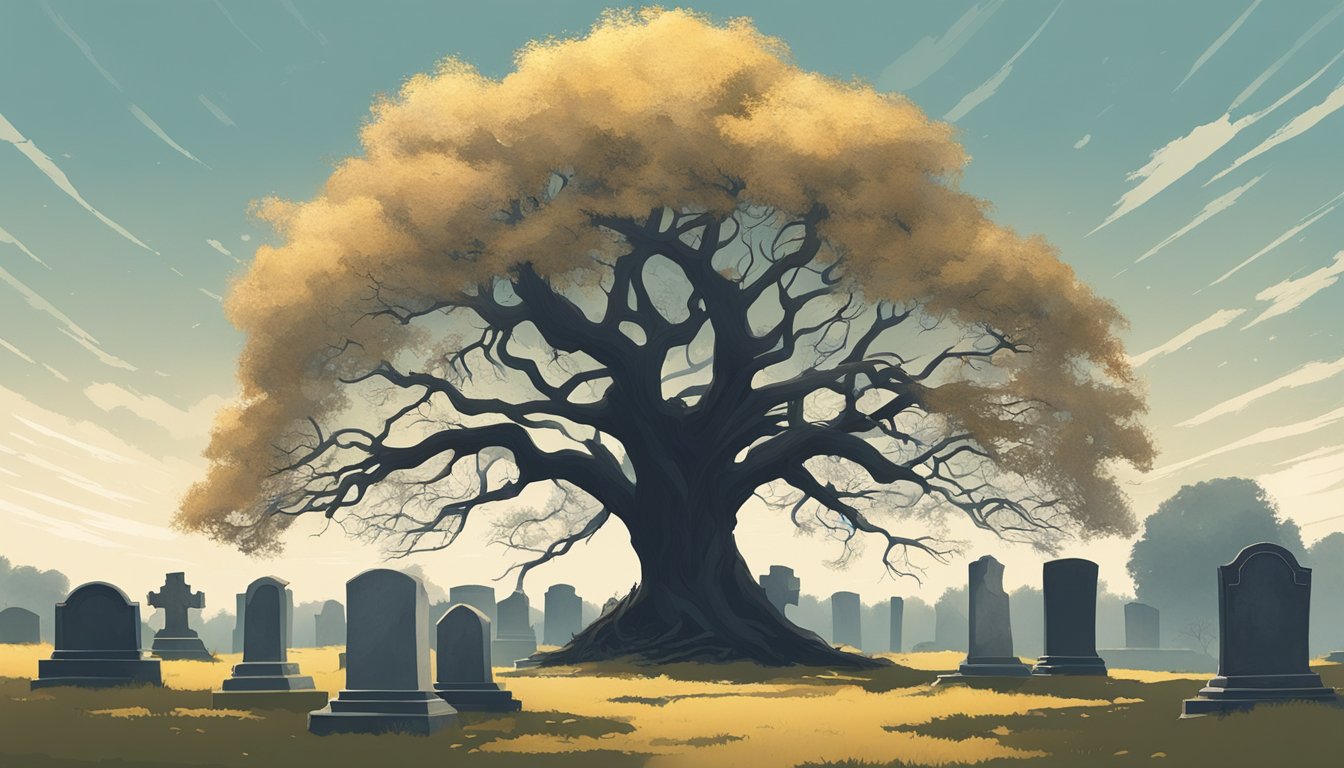 A solitary tree stands in a desolate cemetery, its branches reaching towards the sky. The fading light casts long shadows over the uneven burial plots, creating a sense of emptiness and contemplation