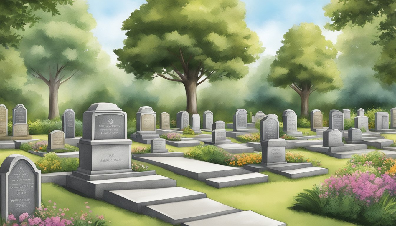 A serene, tree-lined burial plot with personalized headstones and unique memorial gardens