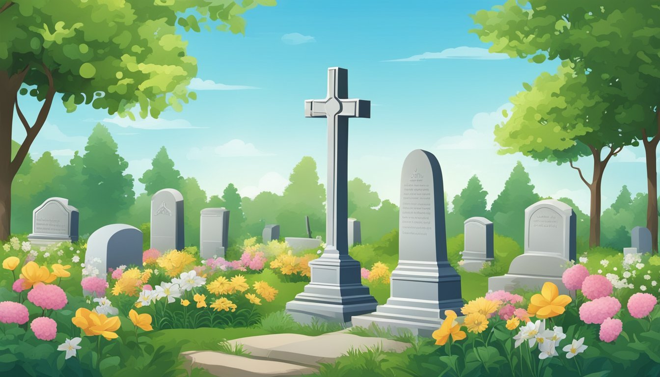 A serene cemetery plot with a headstone, surrounded by lush greenery and flowers, under a clear blue sky