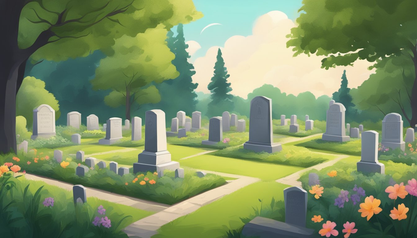 A serene cemetery with a freshly dug plot, surrounded by lush greenery and marked by a simple headstone