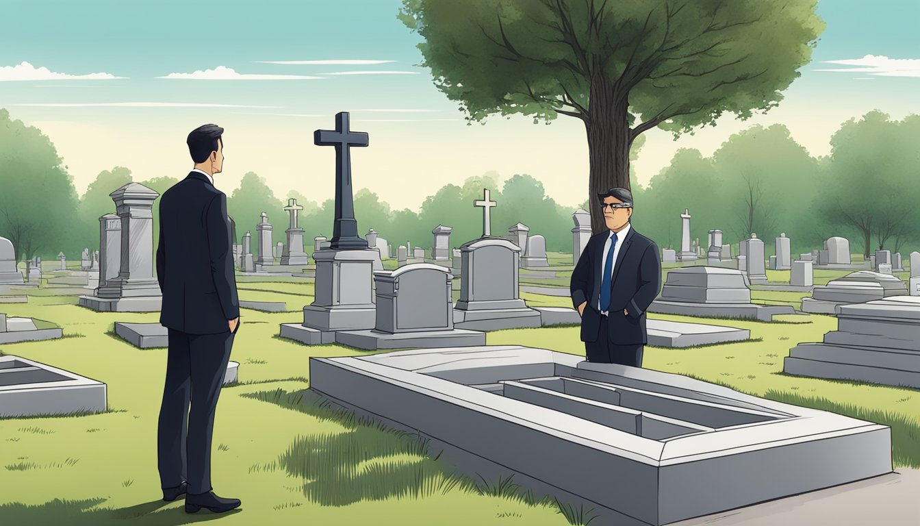 A lawyer and a funeral director discussing tax deductions in a cemetery plot