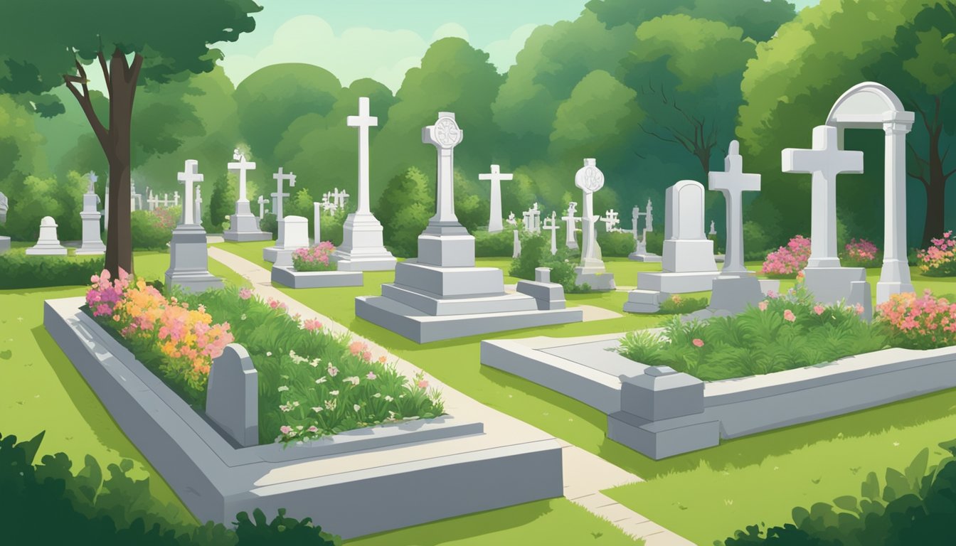 A serene cemetery with neatly arranged plots, surrounded by lush greenery. A sign displaying "Insurance and Pre-Planning for Funeral Costs" stands at the entrance