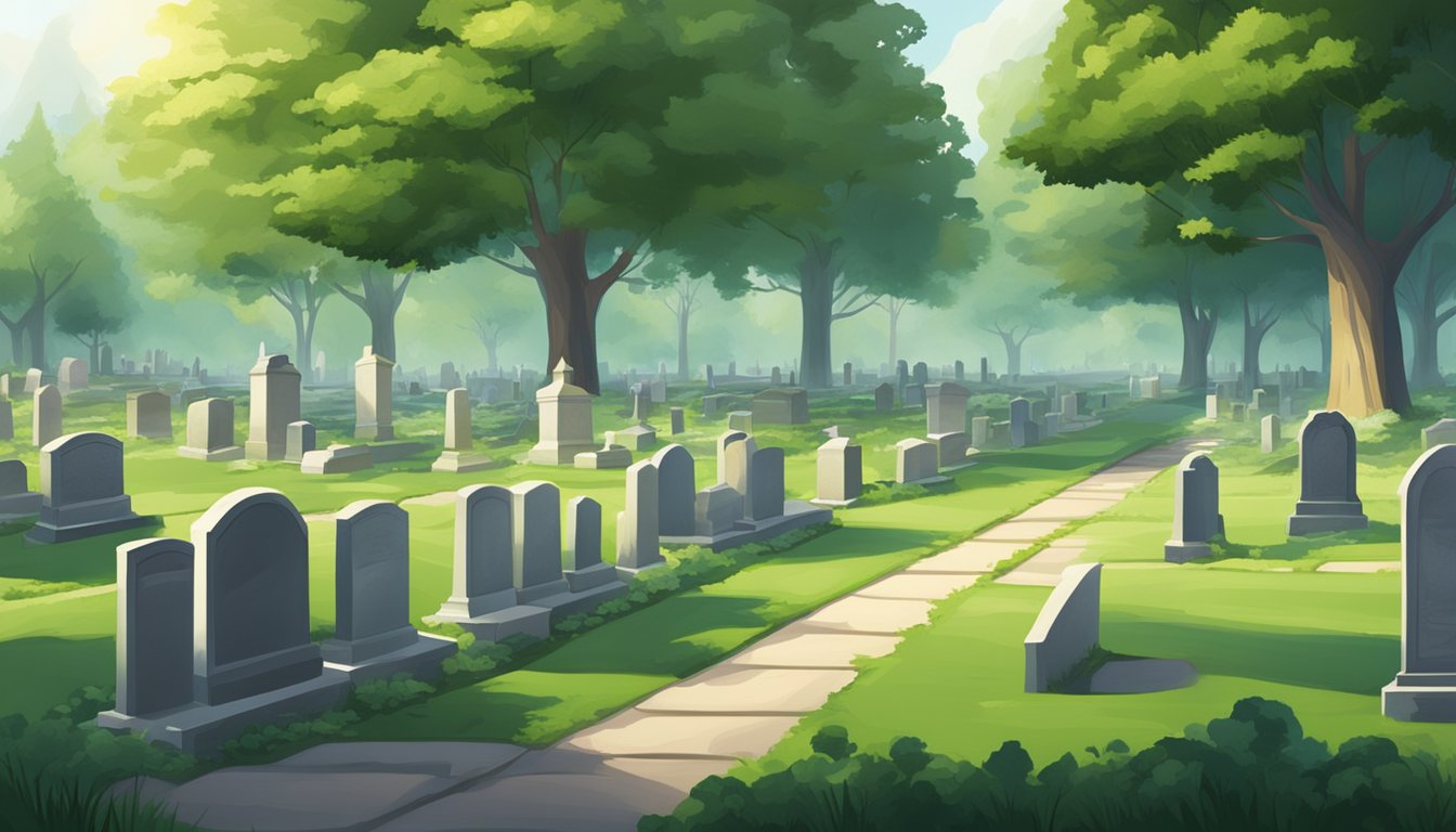 A serene cemetery with rows of gravestones, surrounded by lush greenery and a peaceful atmosphere