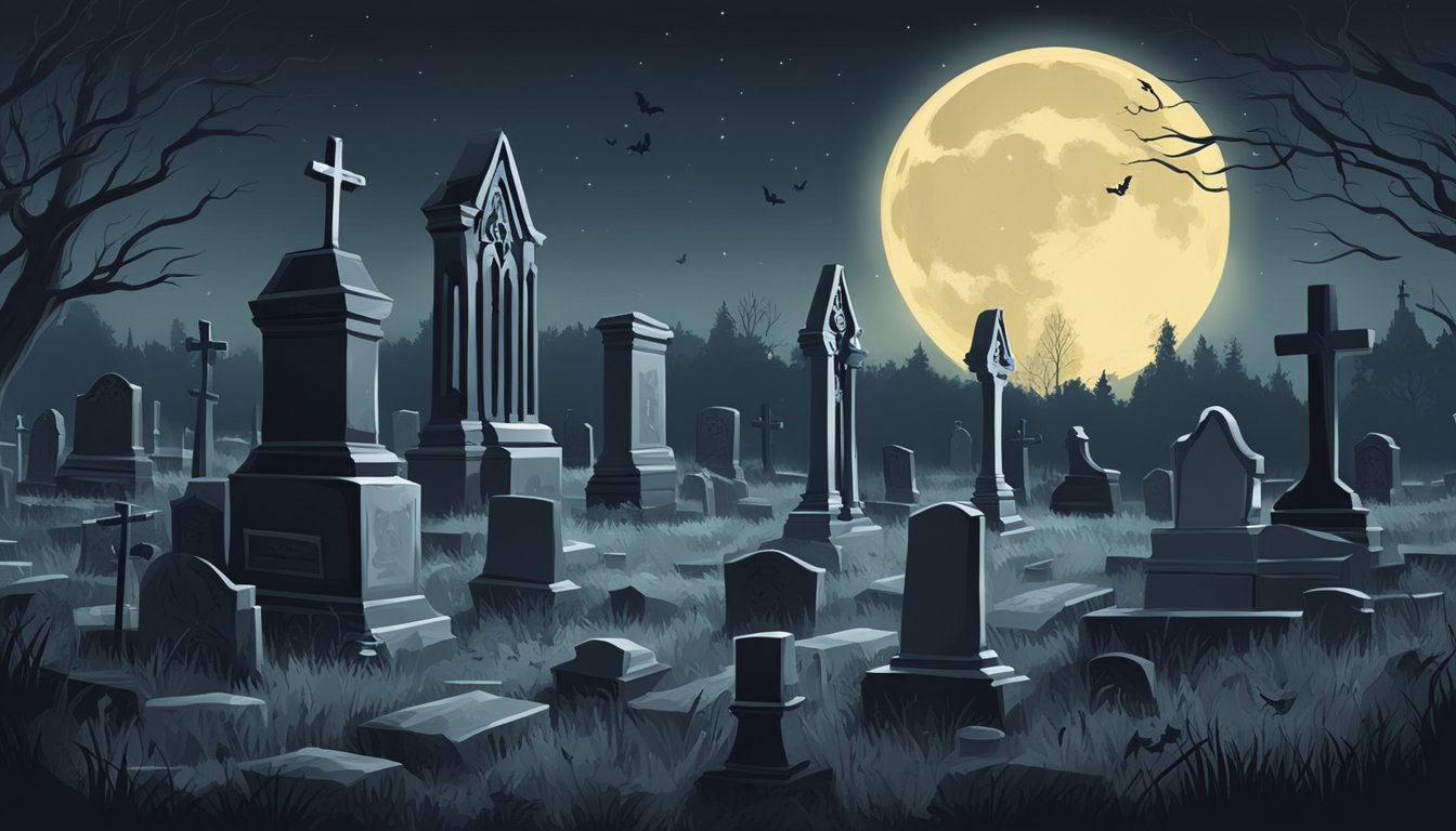 A dark cemetery at night, with tombstones and a full moon. Eerie music notes float in the air, blending classical and heavy metal influences