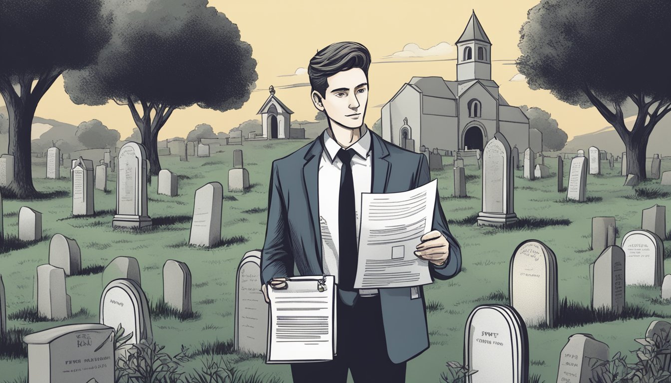 A person standing in front of a cemetery plot, holding a tax form and a pen, with a thoughtful expression on their face