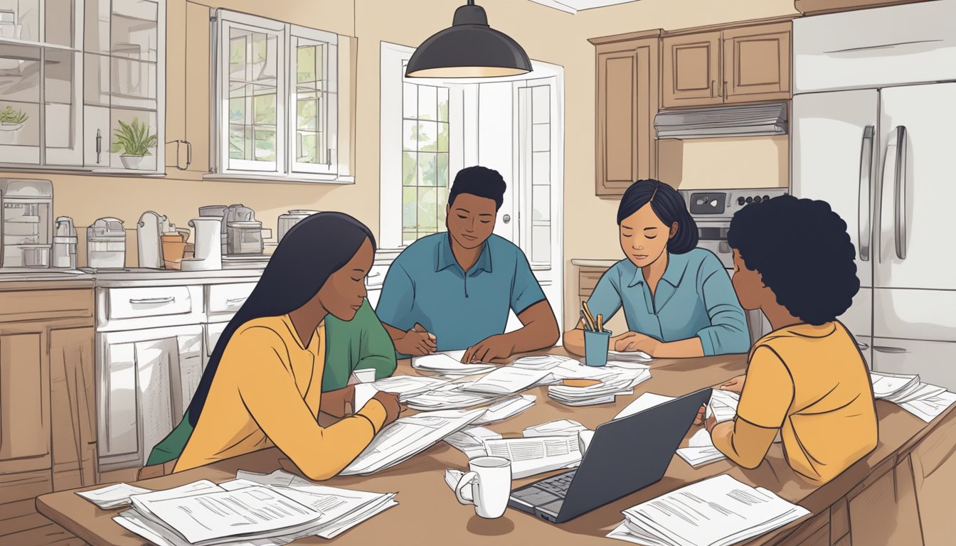 A family sitting around a kitchen table, discussing burial insurance options in Arkansas. Papers and calculators scattered across the table