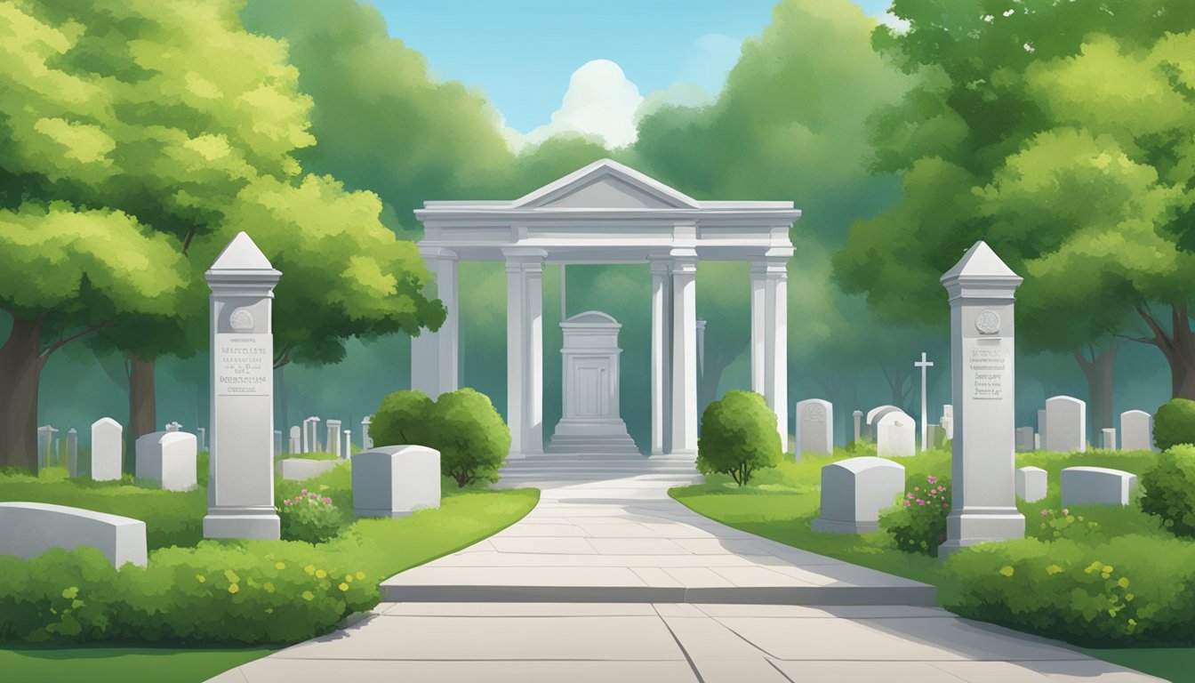 A serene cemetery with a lush green landscape, a peaceful atmosphere, and a burial insurance sign displayed prominently at the entrance