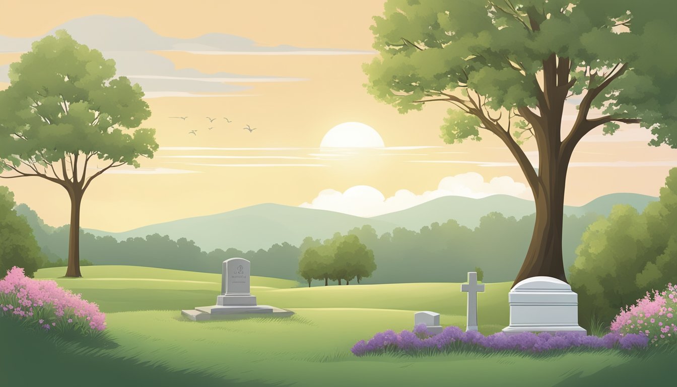 A serene landscape in Alabama with a simple headstone and a peaceful setting for a burial insurance policy illustration