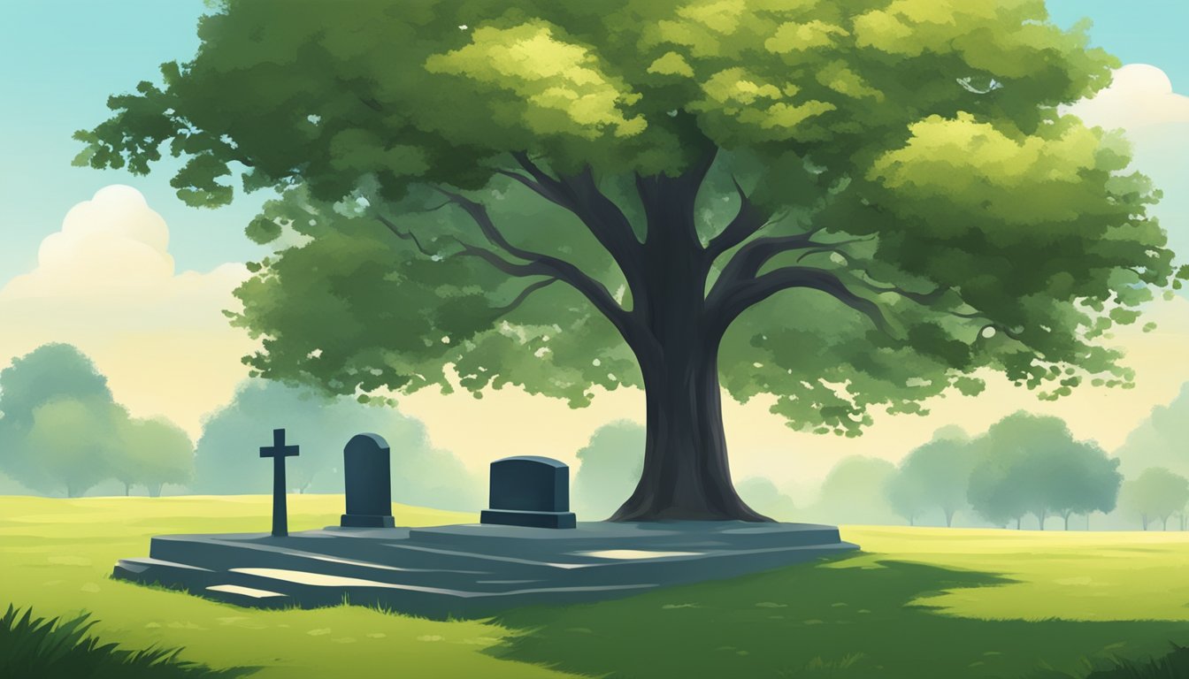 A serene cemetery with a solitary headstone under a shady tree. A peaceful atmosphere with a feeling of comfort and reassurance