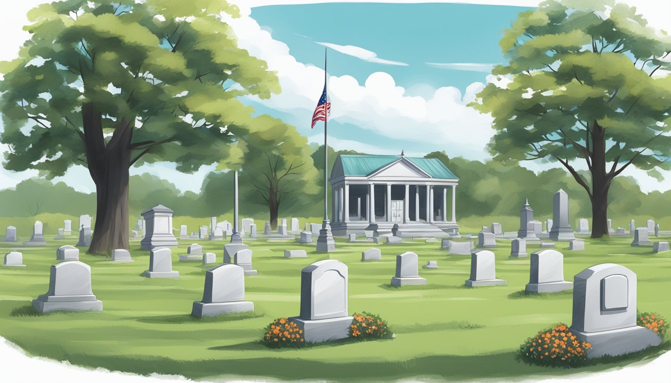 A serene cemetery with tombstones and a prominent state flag of Arkansas flying in the background