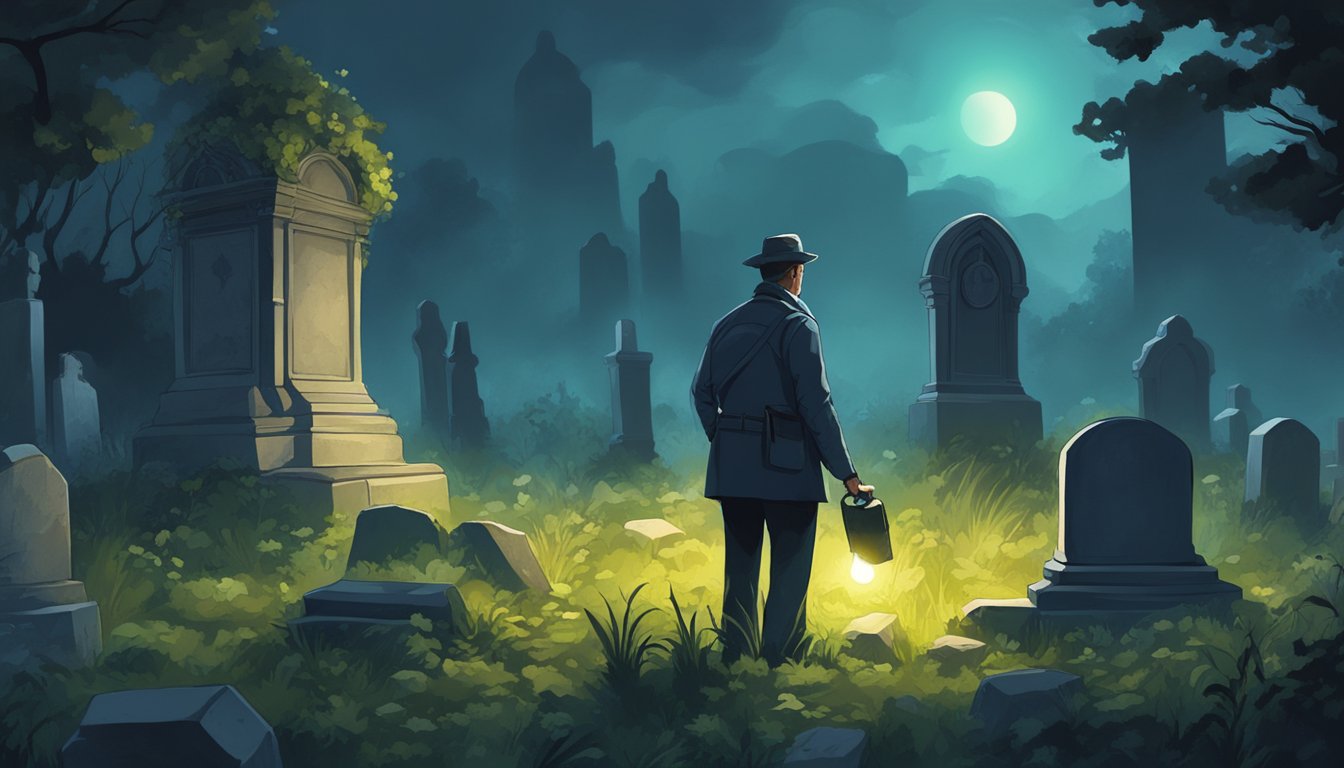 A figure with a flashlight inspects a dark, overgrown graveyard, searching for a specific plot among the crumbling headstones