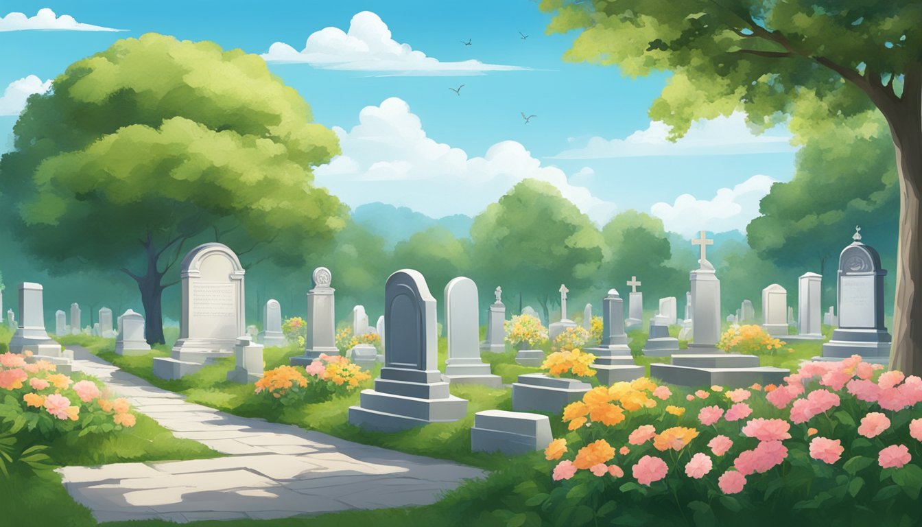 A serene cemetery with a peaceful atmosphere, surrounded by lush greenery and flowers, with a clear blue sky overhead