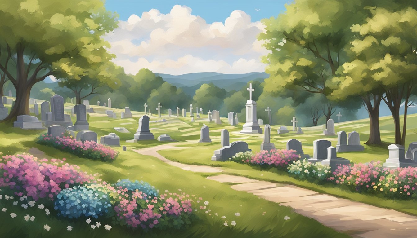 A serene landscape with a peaceful cemetery nestled among rolling hills and blooming flowers in Alabama