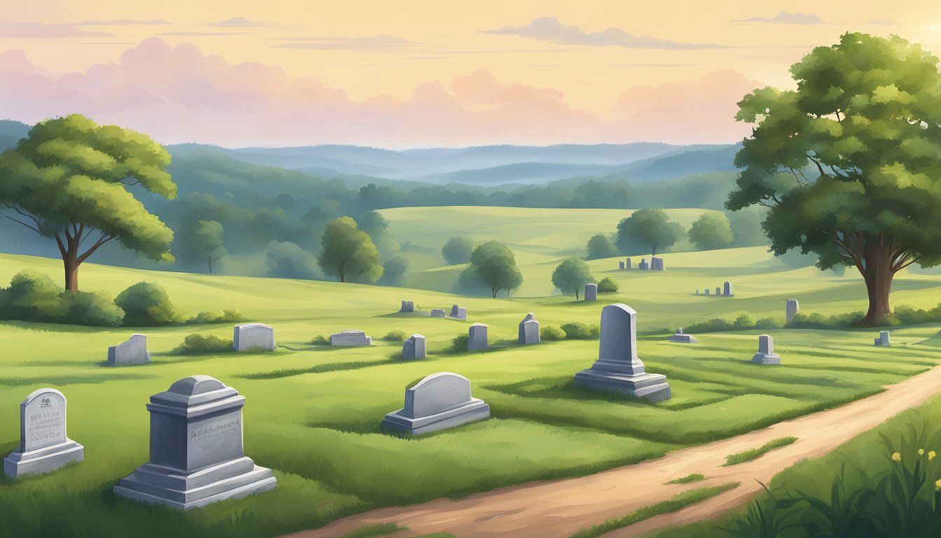 A serene countryside landscape in Alabama, with a small, peaceful cemetery nestled among rolling hills and surrounded by lush greenery