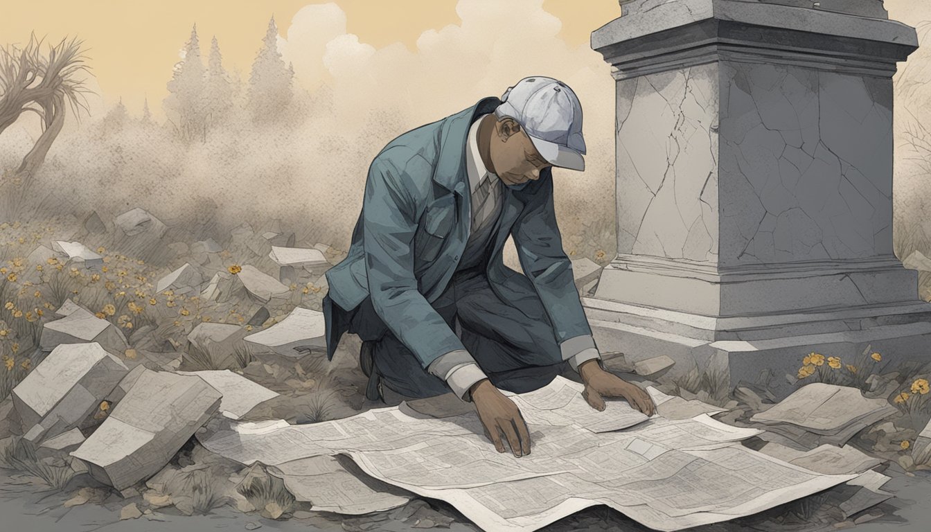 A figure kneels by a weathered gravestone, surrounded by scattered papers and a tattered map. They appear to be gathering personal information for a grave plot search