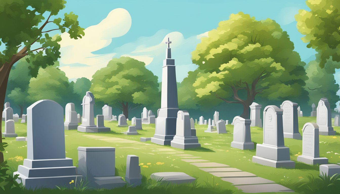 A serene cemetery with a variety of headstones and burial plots, surrounded by peaceful greenery and a clear blue sky