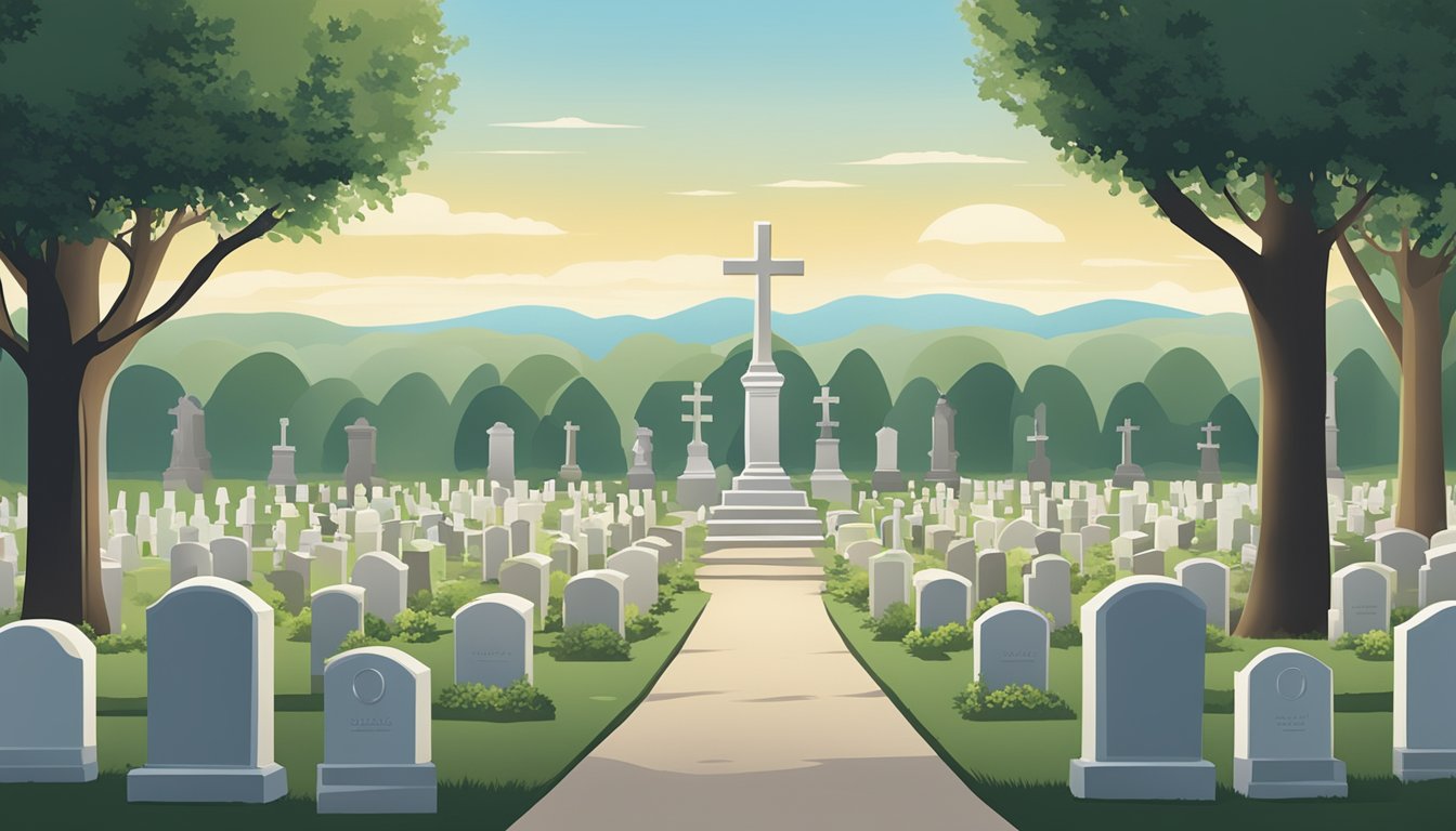 A serene cemetery with rows of headstones and a peaceful landscape, with a subtle presence of a burial insurance company's logo or sign