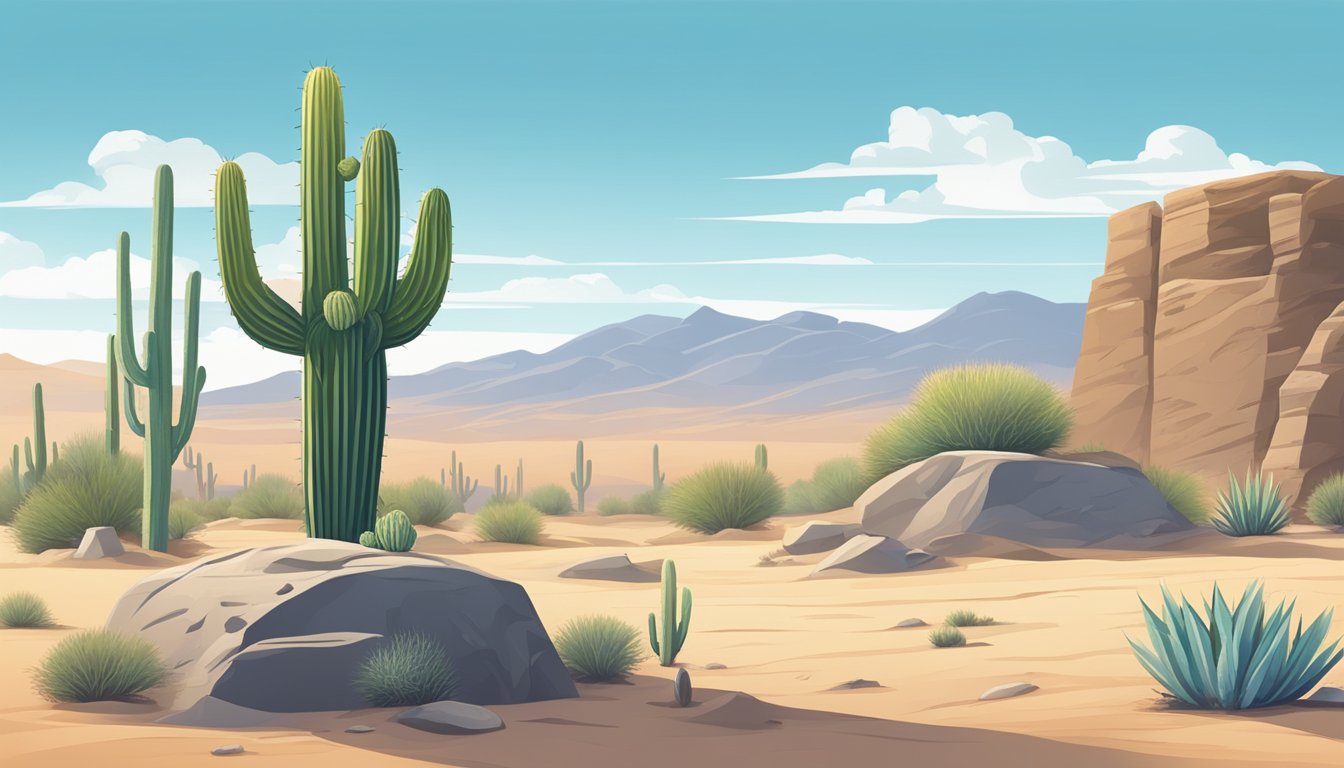 A serene desert landscape with a cactus and a gravestone under a clear blue sky