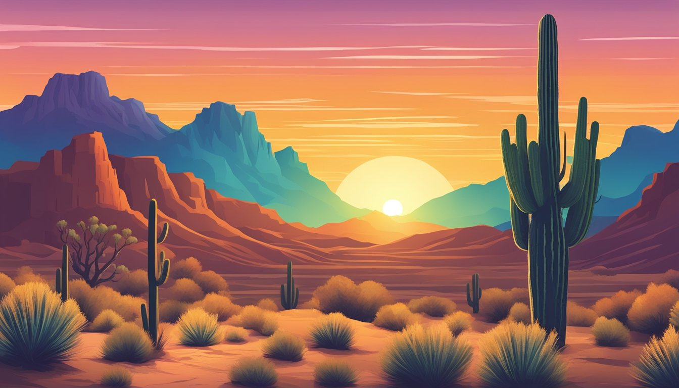 A serene desert landscape with a lone saguaro cactus standing tall against the vibrant Arizona sunset, symbolizing peace and security for seniors with burial insurance