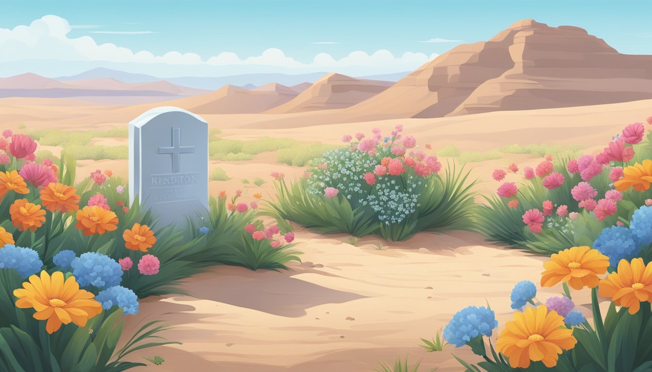 A serene desert landscape with a clear blue sky, featuring a simple headstone surrounded by colorful flowers and greenery