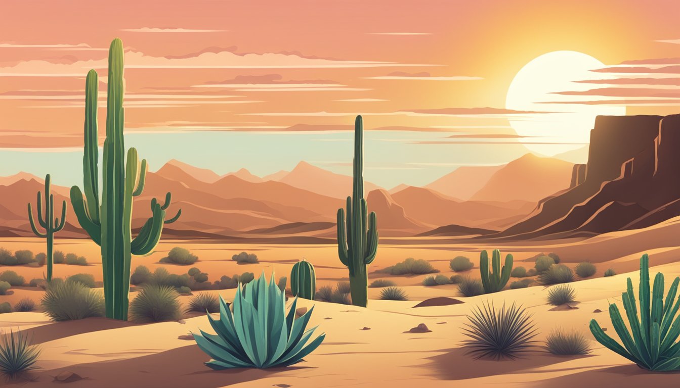 A desert landscape with a cactus and a sun setting behind mountains, with a prominent sign for a burial insurance company in Arizona