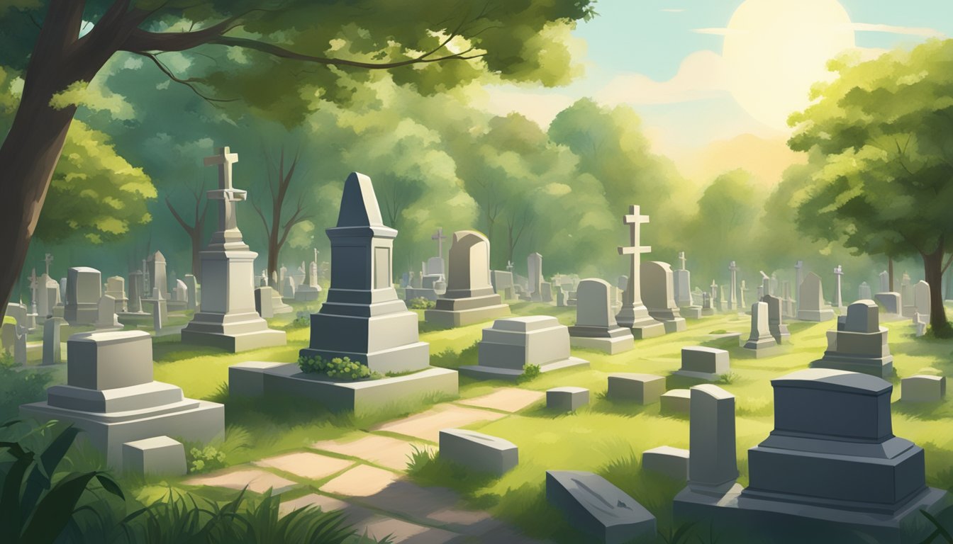 A serene, sunlit cemetery with a peaceful atmosphere, featuring gravestones and lush greenery, with a sense of solemnity and respect