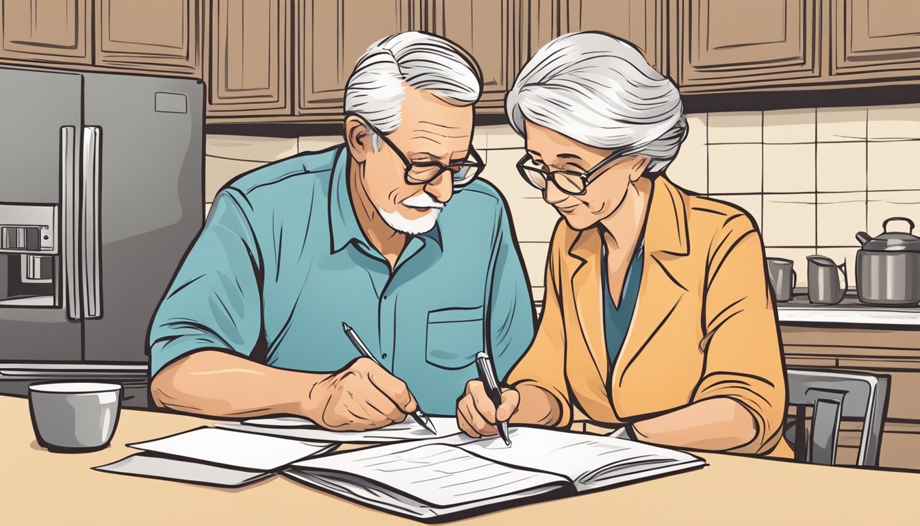 A senior couple sitting at a kitchen table, filling out paperwork. An agent reviews their application, nodding in approval