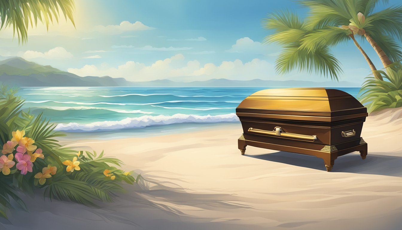 A serene beach setting with a palm tree, an open casket, and a calm ocean in the background