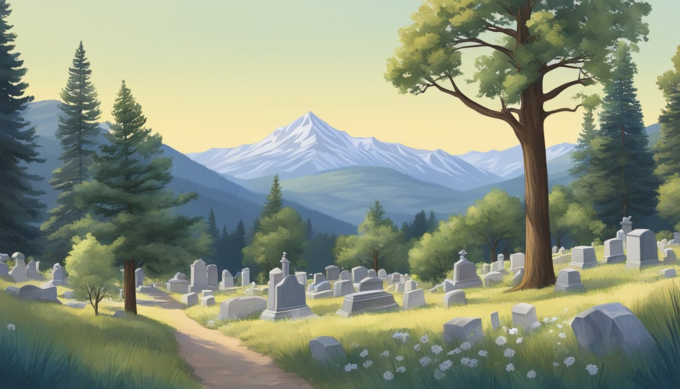 A serene mountain landscape in Colorado, with a small, tranquil cemetery nestled among the trees, and a clear blue sky overhead