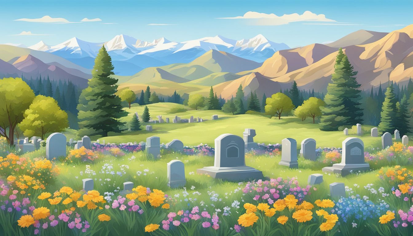 A serene landscape in Colorado with a peaceful cemetery surrounded by mountains, a clear blue sky, and colorful wildflowers