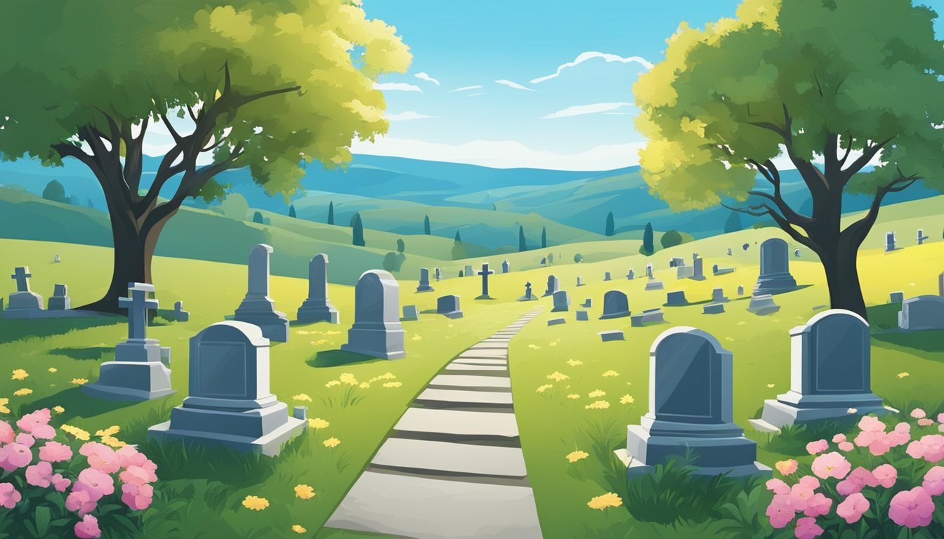 A serene cemetery with gravestones and flowers, set against a backdrop of rolling hills and a clear blue sky