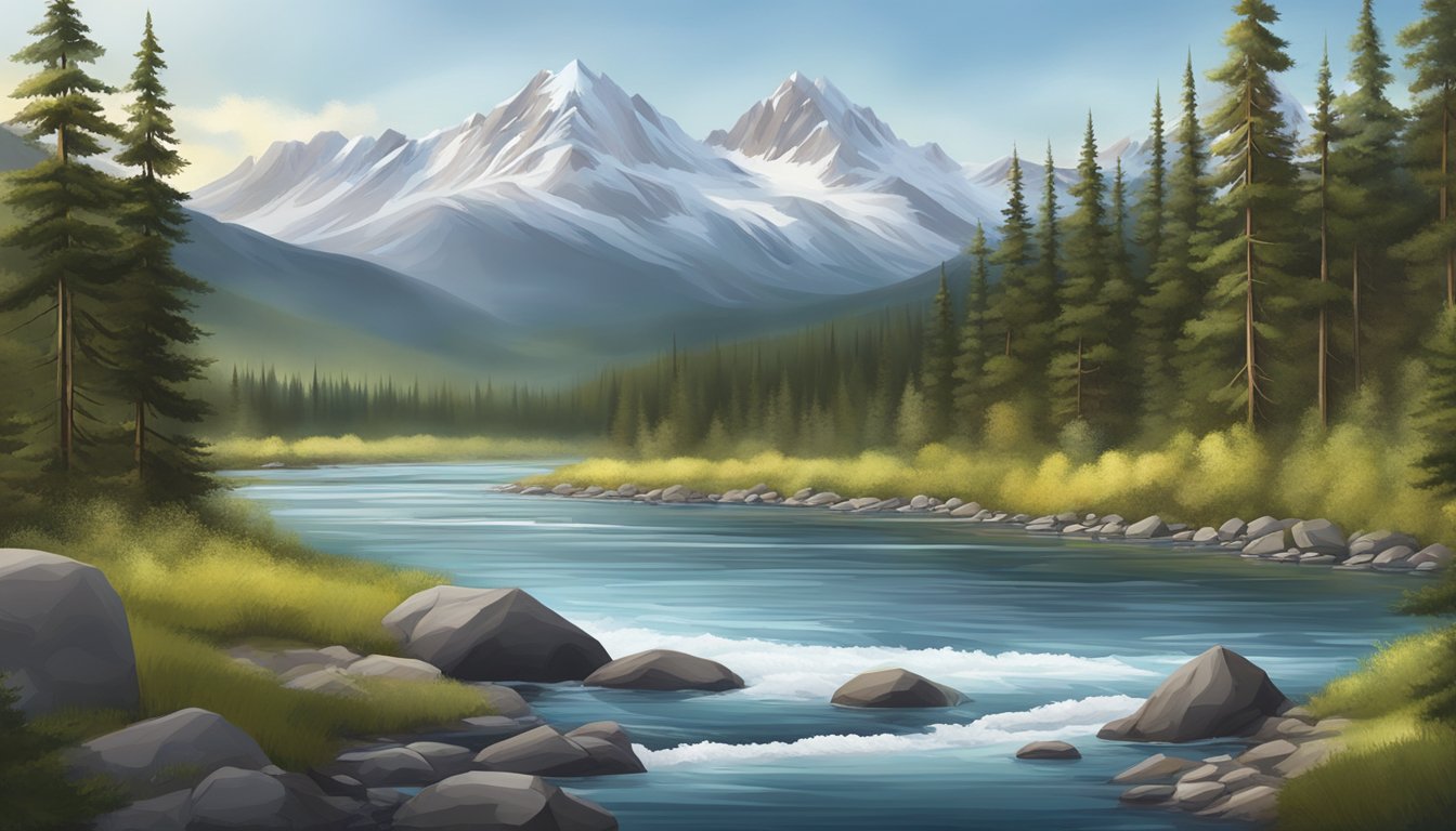 A serene Alaskan landscape with a snow-covered mountain range in the background, a tranquil river flowing through the middle, and a peaceful forest surrounding the area