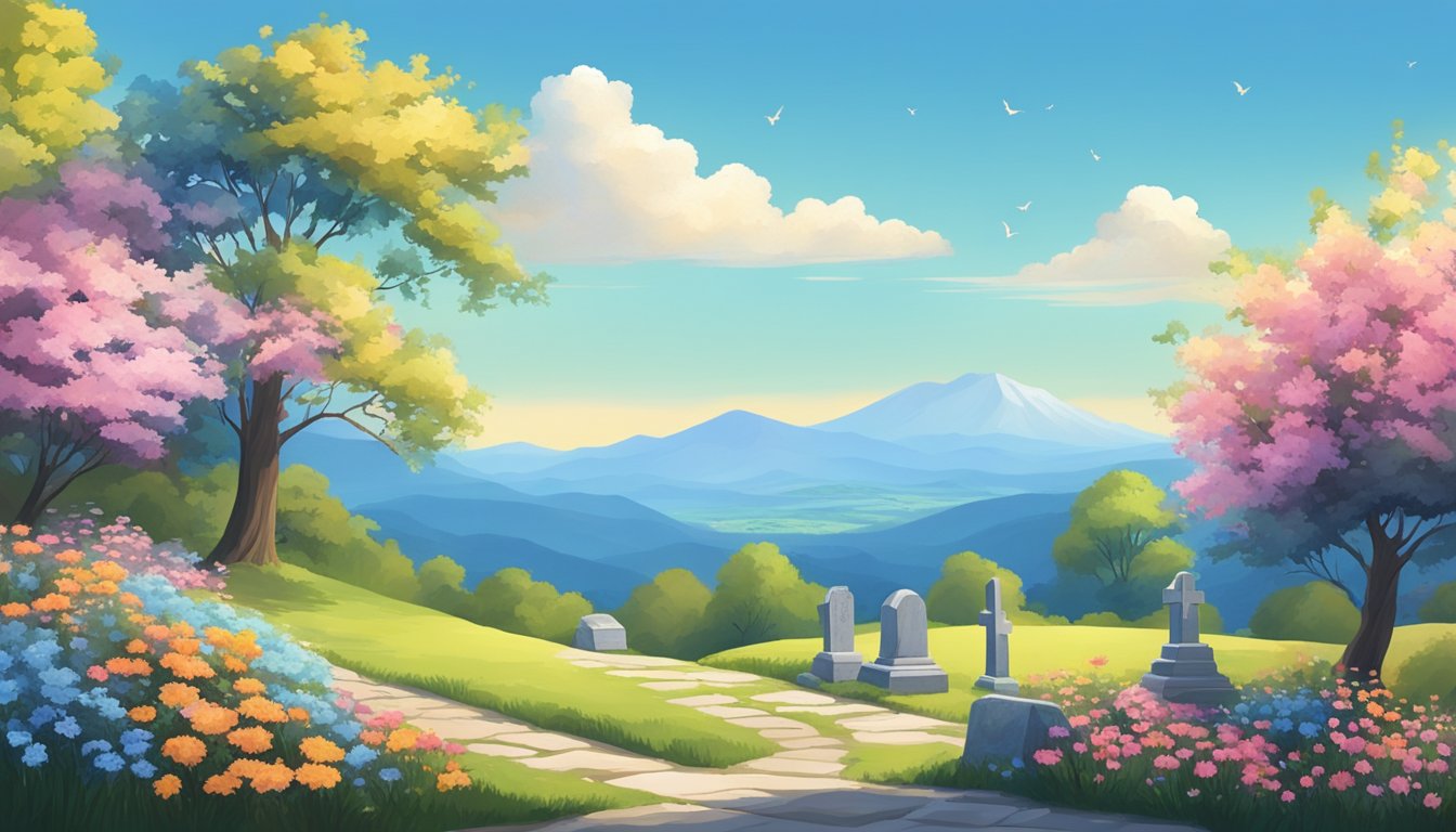 A serene mountain landscape with a small, peaceful cemetery surrounded by colorful flowers and trees, under a clear blue sky