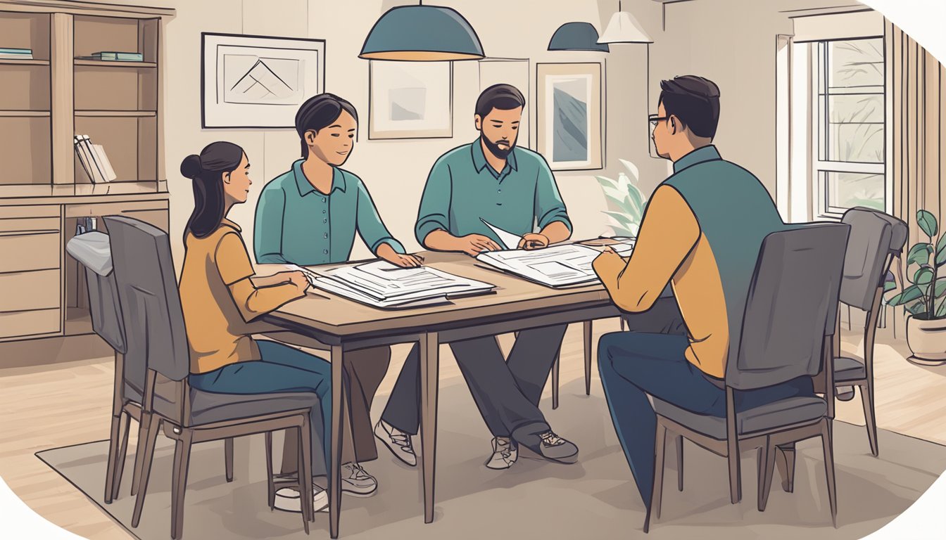 An Alaskan family sits around a table with an insurance agent, discussing burial insurance options. The agent explains the process as they review paperwork and documents