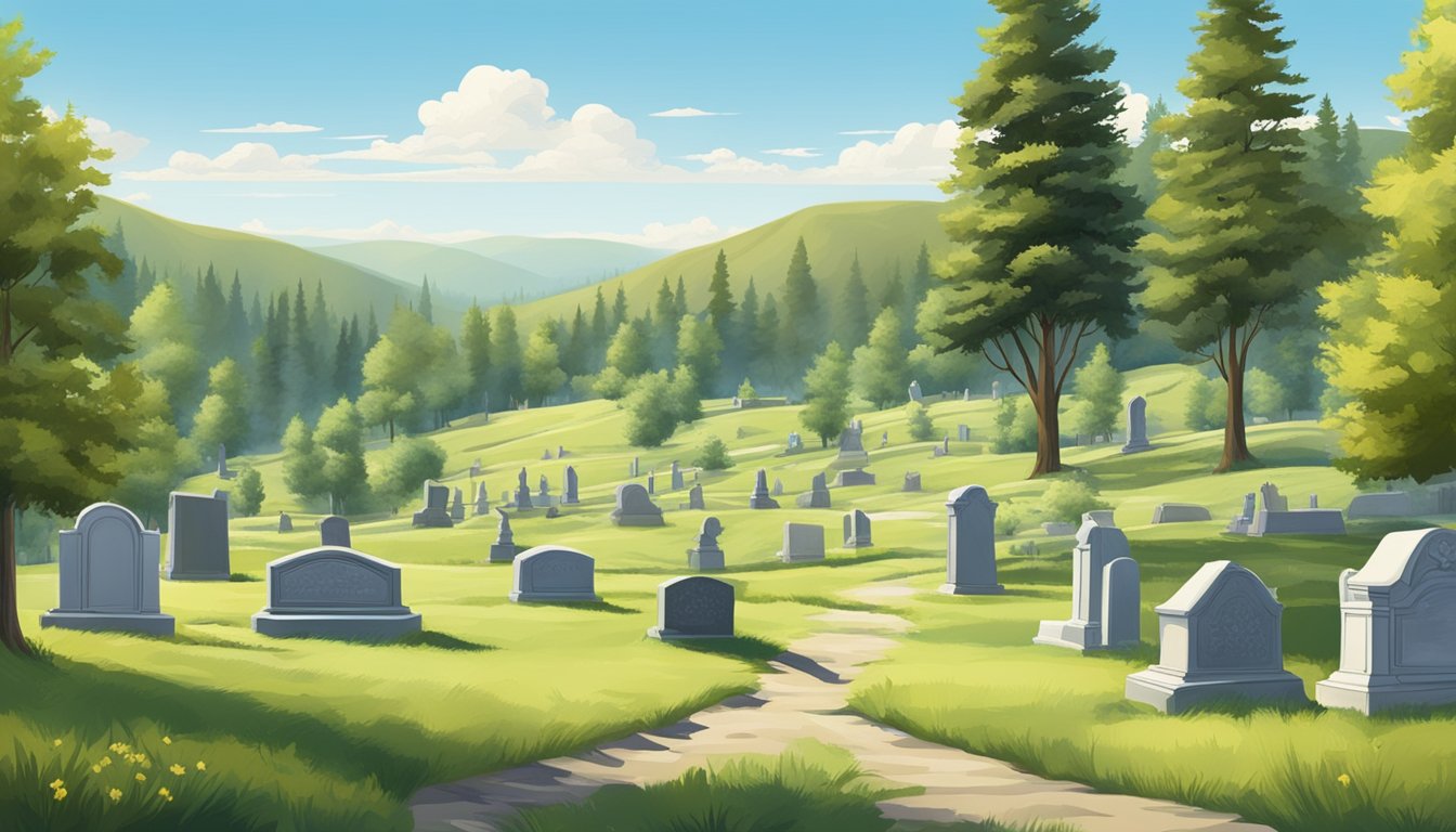 A serene landscape with a peaceful cemetery nestled in the rolling hills of Idaho, surrounded by a lush forest and under a clear blue sky