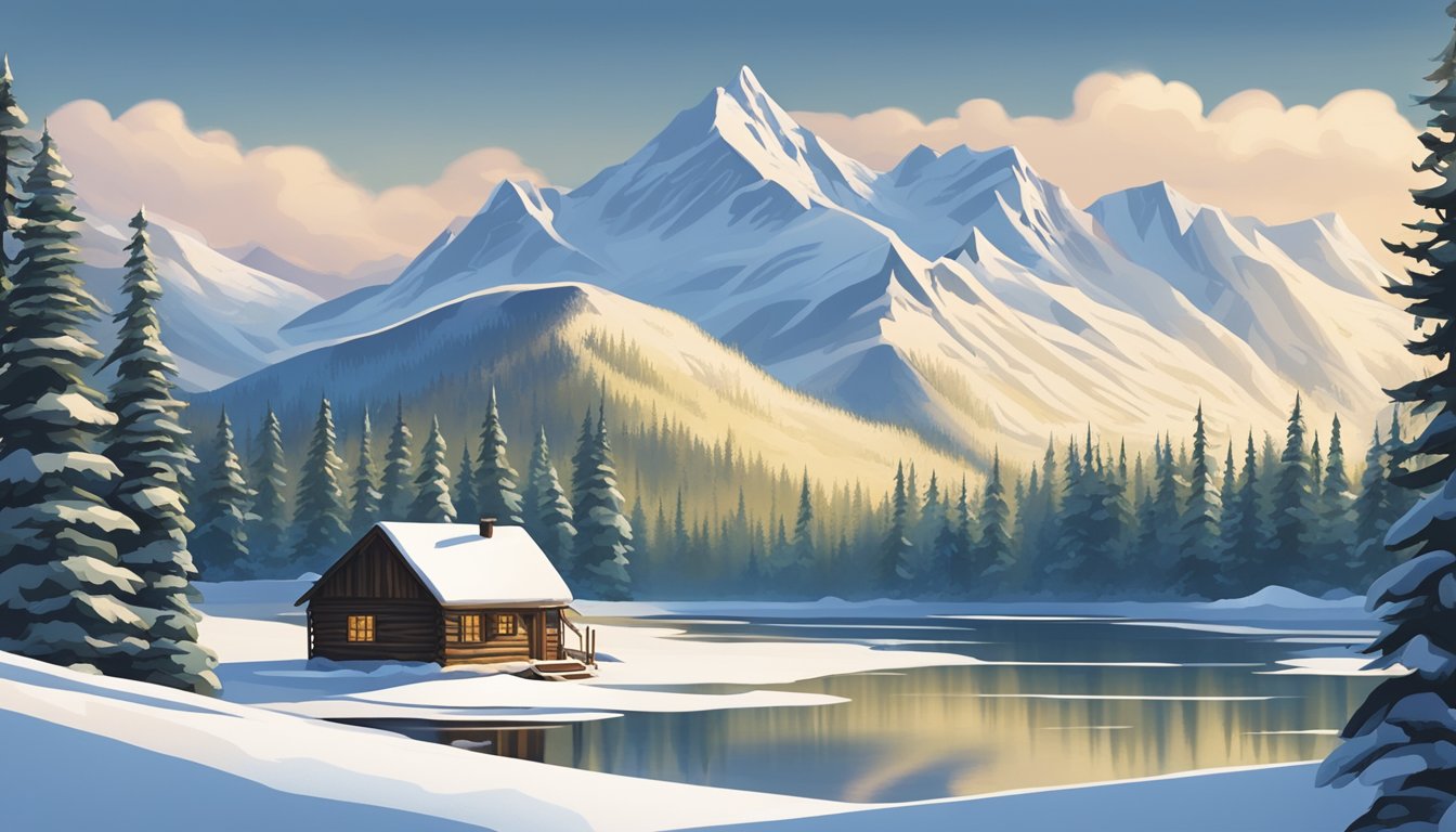 A serene Alaskan landscape with a small, rustic cabin nestled among snow-covered trees. A peaceful burial ground sits nearby, surrounded by mountains and a clear, icy river