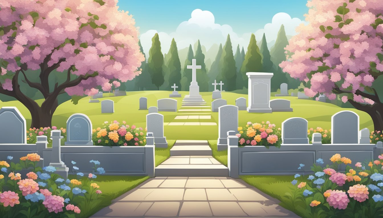 A peaceful cemetery with a gravestone surrounded by flowers and a serene landscape