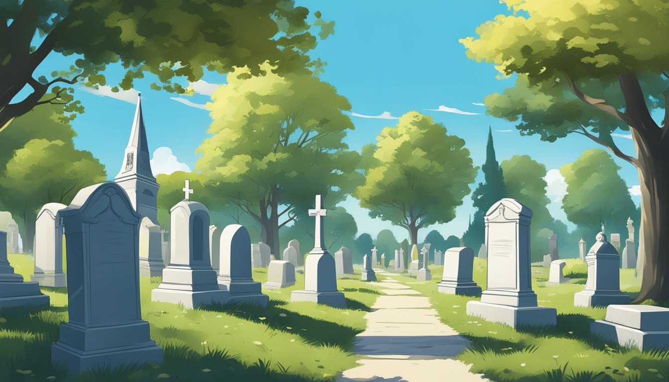 A serene cemetery with gravestones under a clear blue sky