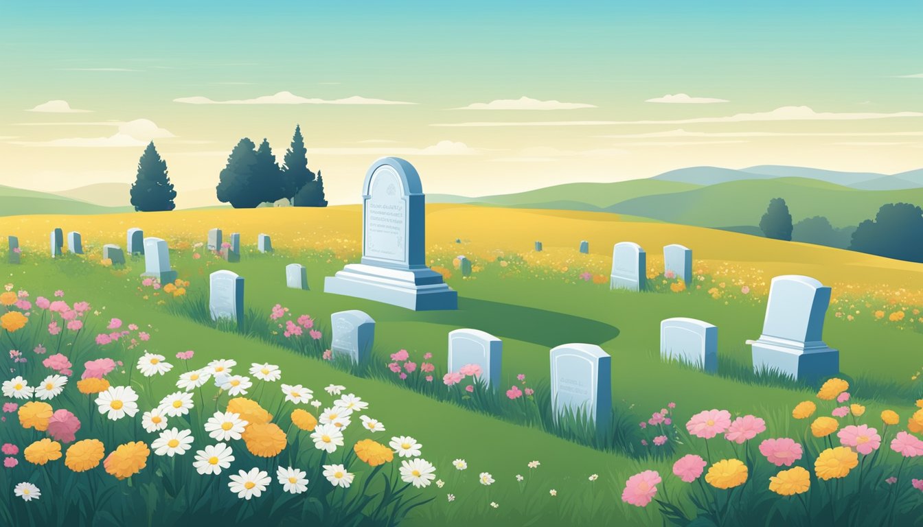 A serene cemetery with a clear blue sky, surrounded by rolling hills and blooming wildflowers. A simple headstone stands as a symbol of future security