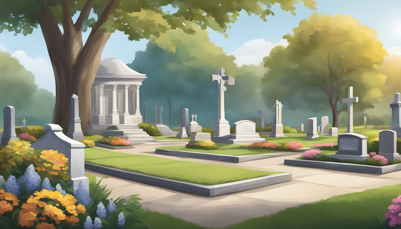 A serene cemetery with a peaceful atmosphere, featuring a tranquil landscape and a prominent funeral home offering pre-need burial insurance services in the district of Columbia